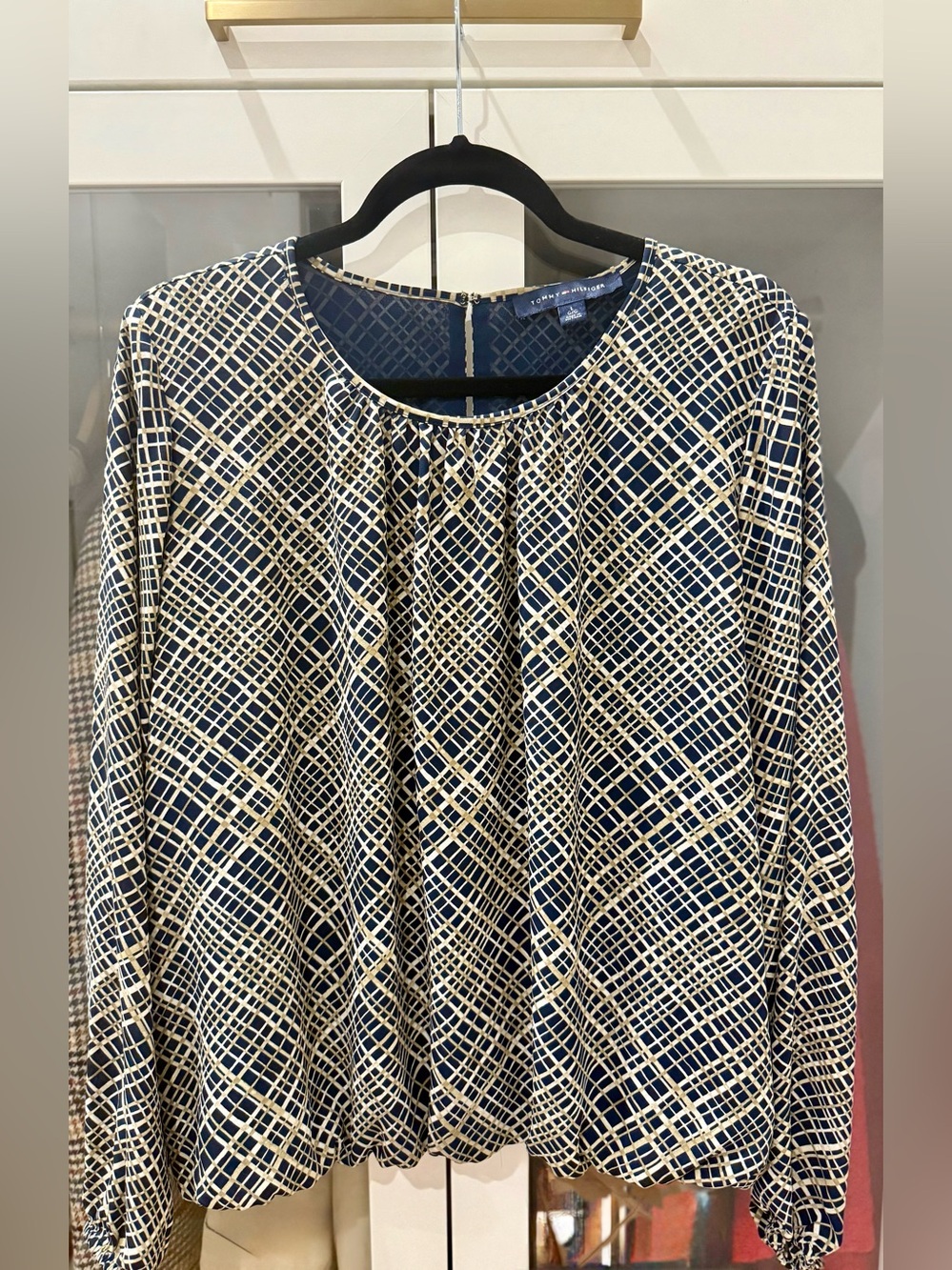 Tommy Hilfiger Navy Geometric Print Long Sleeve Blouse | Women’s XL